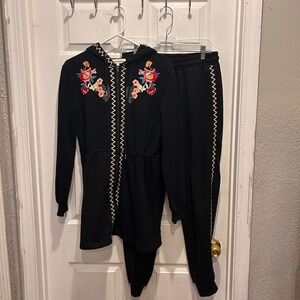 Anthropologie Solitaire Black‎ Floral Embroidered Hoodie Jogger Set Size Large